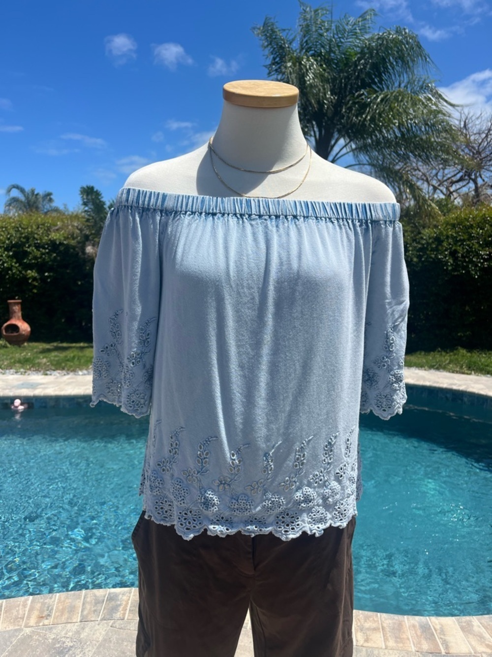 Blue Off-Shoulder Eyelet Trim Country Western Blouse
